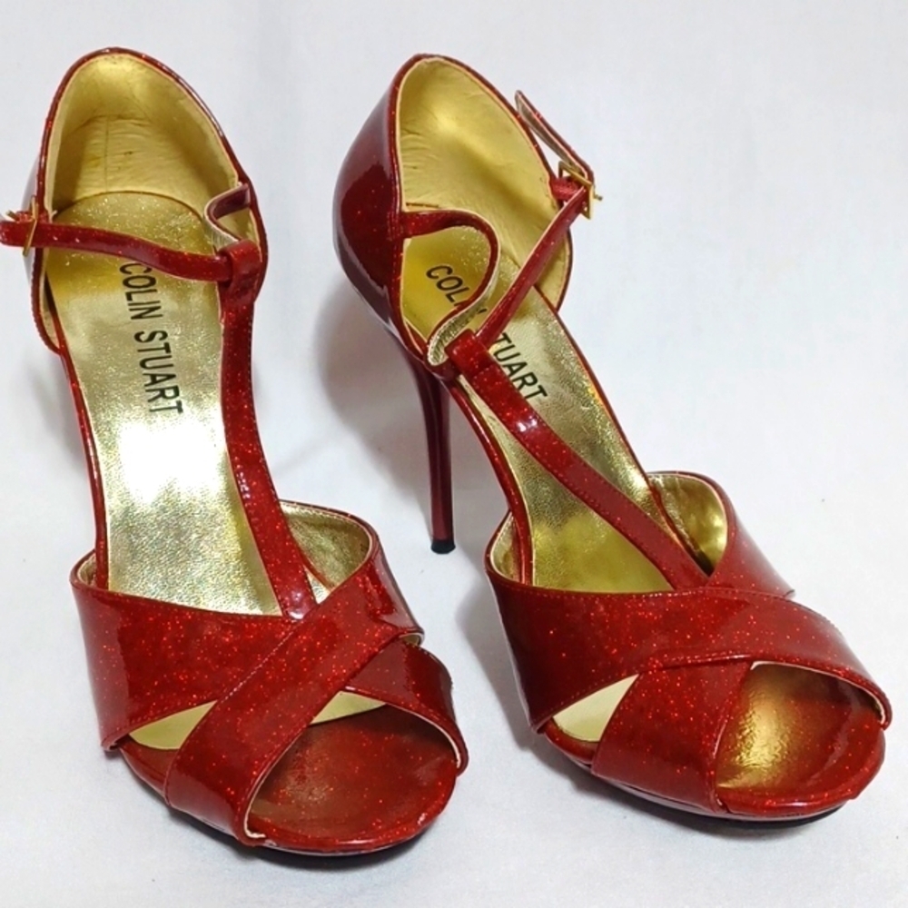 COLIN STUART WOMENS 4IN. HEELS SIZE 7.5 IN A BEAUTIFUL RED METALLIC COLOR